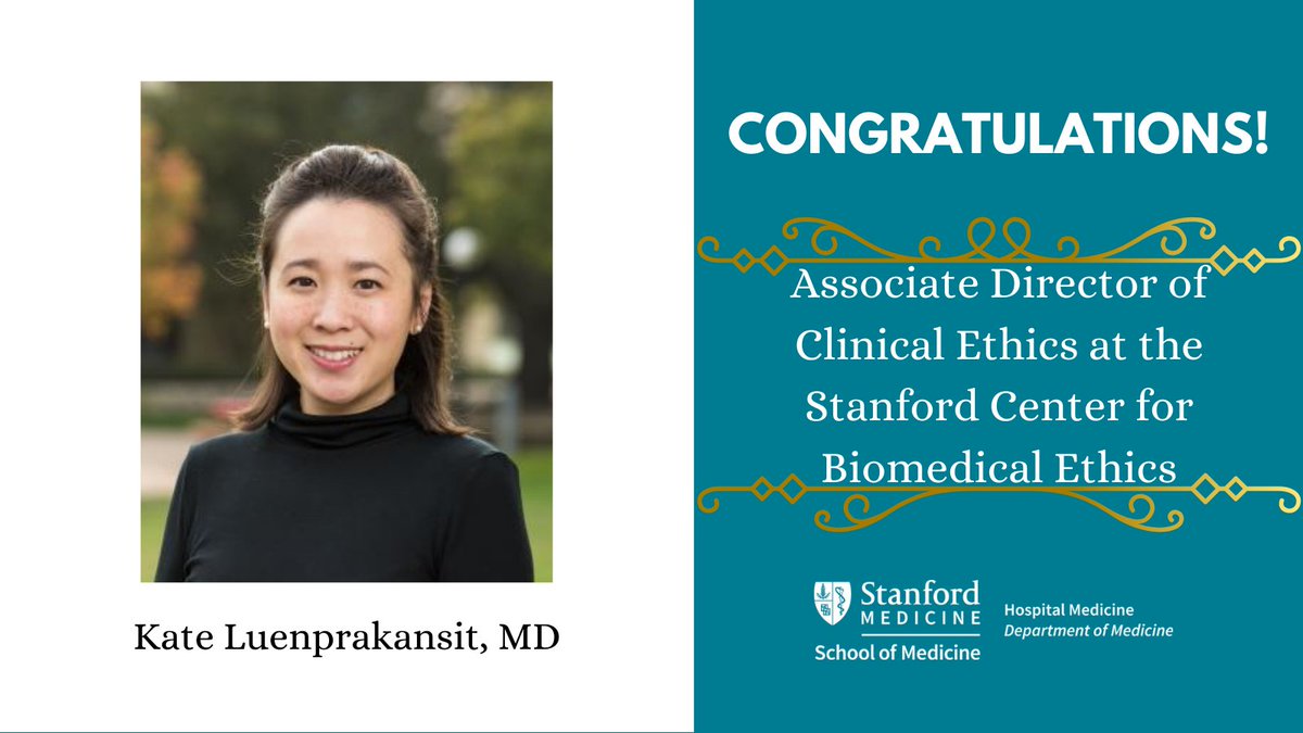 Stanford Division of Hospital Medicine (@stanfordhospmed) on Twitter photo Join us in celebrating Dr. <a href="/Kate_LuenMD/">Kate Luenprakansit, MD</a> for starting her new role as Associate Director of Clinical Ethics at the Stanford Center for Biomedical Ethics. Congratulations! 👏👏👏 Join us in celebrating Dr. <a href="/Kate_LuenMD/">Kate Luenprakansit, MD</a> for starting her new role as Associate Director of Clinical Ethics at the Stanford Center for Biomedical Ethics. Congratulations! 👏👏👏