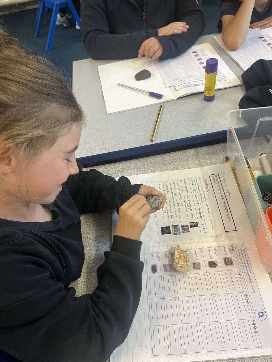 Rhine have been investigating the physical properties of rocks. They found out that not all rocks are heavy, hard and solid by seeing if pumice floated and how easy it was to break chalk. They tested the hardness of 6 different rocks by scratching their surface. #SharlstonScience