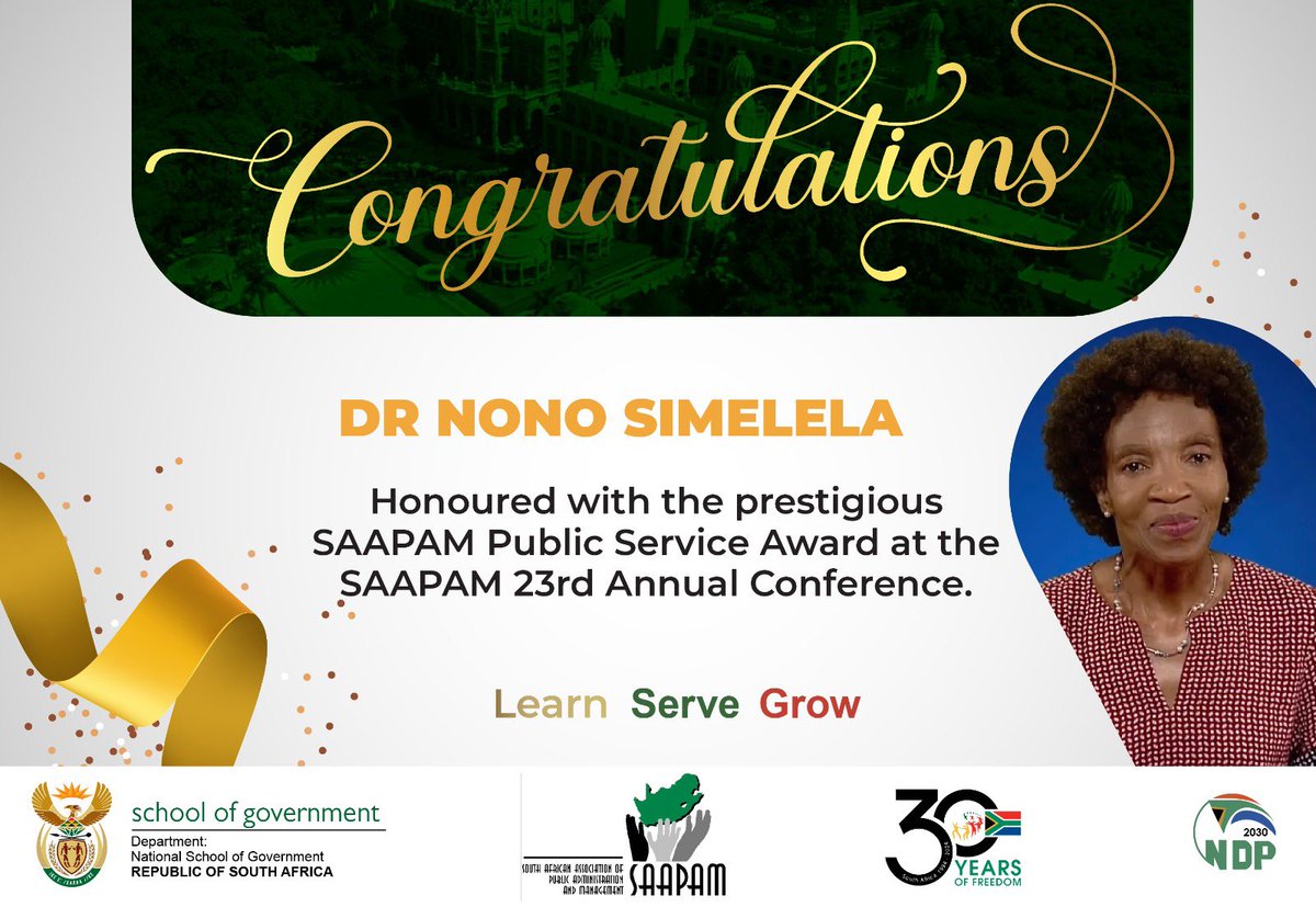thensgZA's tweet photo. Congratulations to Dr Nono Simelela who has been honoured with a prestigious award at the 23rd Annual @Saapam_Official Conference for her outstanding contribution made in the administration of South Africa’s democratic State.
#saapam23
@GovernmentZA @thedpsa @DpmeOfficial @PSC_ZA @Official_TUT @theNWU @ULvarsity @OfficialPSETA