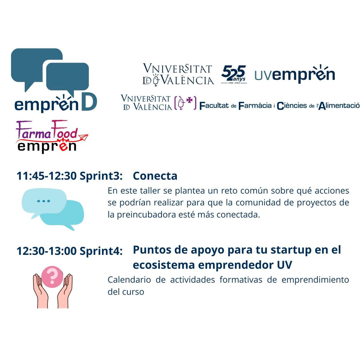 Estudies en la nostra facultat i t'interessa l'emprenedoria?
L'1 d'octubre és la teua oportunitat per a conéixer a la comunitat emprenedora i la nostra preincubadora FARMAFOOD EMPRÉN. Sala de Personal (Deganat) a les 10h 
 inscriu-te en 
uv.es/uv-emprende/es…