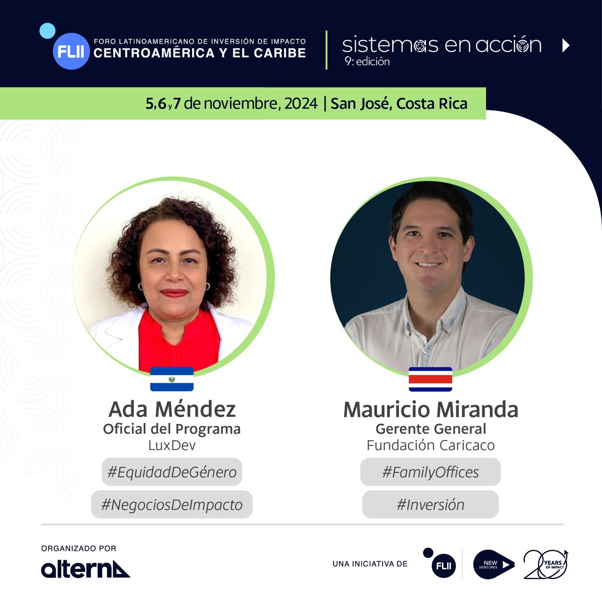 ¡Conoce el lineup del FLII CA&amp;C! 🌎 Actores clave en inversión de impacto y soluciones sostenibles te esperan el 5, 6 y 7 de noviembre en San José, Costa Rica. 🙌 ¡No te quedes fuera! ⏳ Prerregístrate ya: inversiondeimpacto-ca.org