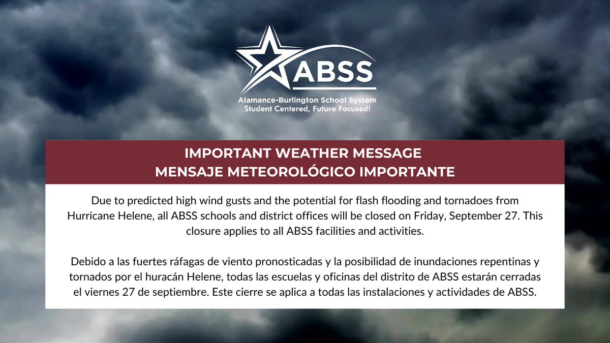 #ABSSAlert | All ABSS schools and district offices will be closed on Friday, September 27th.  This closure applies to all ABSS facilities and activities.
