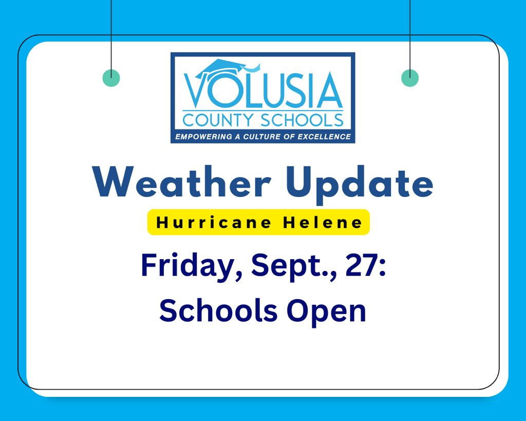 Volusia County Schools continues to work with Volusia County Emergency Management Services to monitor Hurricane Helene. While rain, wind, and debris are expected, it is not anticipated to be severe enough in Volusia County to impact school operations tomorrow. All schools and
