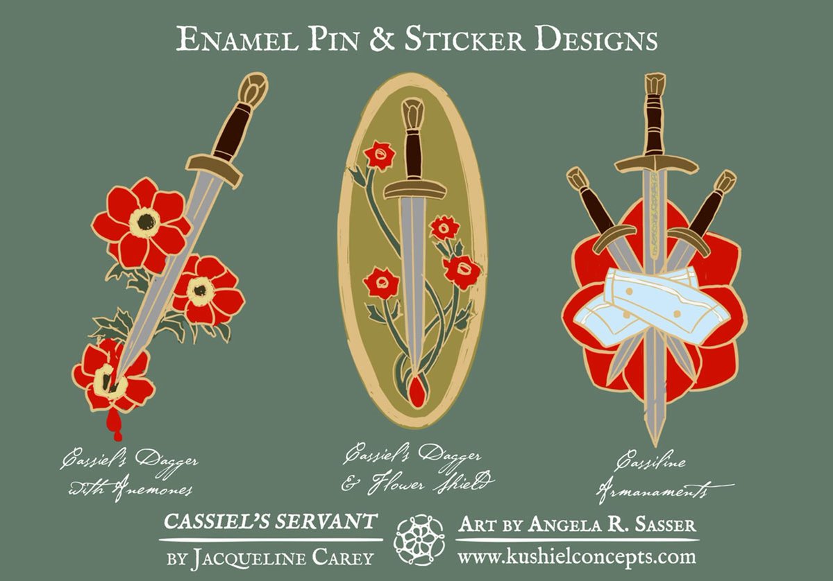 AngelaSasserArt's tweet photo. Continuing my visual exploration of #CassielsServant by @JCareyAuthor with hypothetical pin designs. I enjoy the design challenge of condensing symbolic elements from the story!

More may spring forth as I read, but for now, which is your favorite thus far?
#kushielslegacy https://t.co/aJxlLggMfy