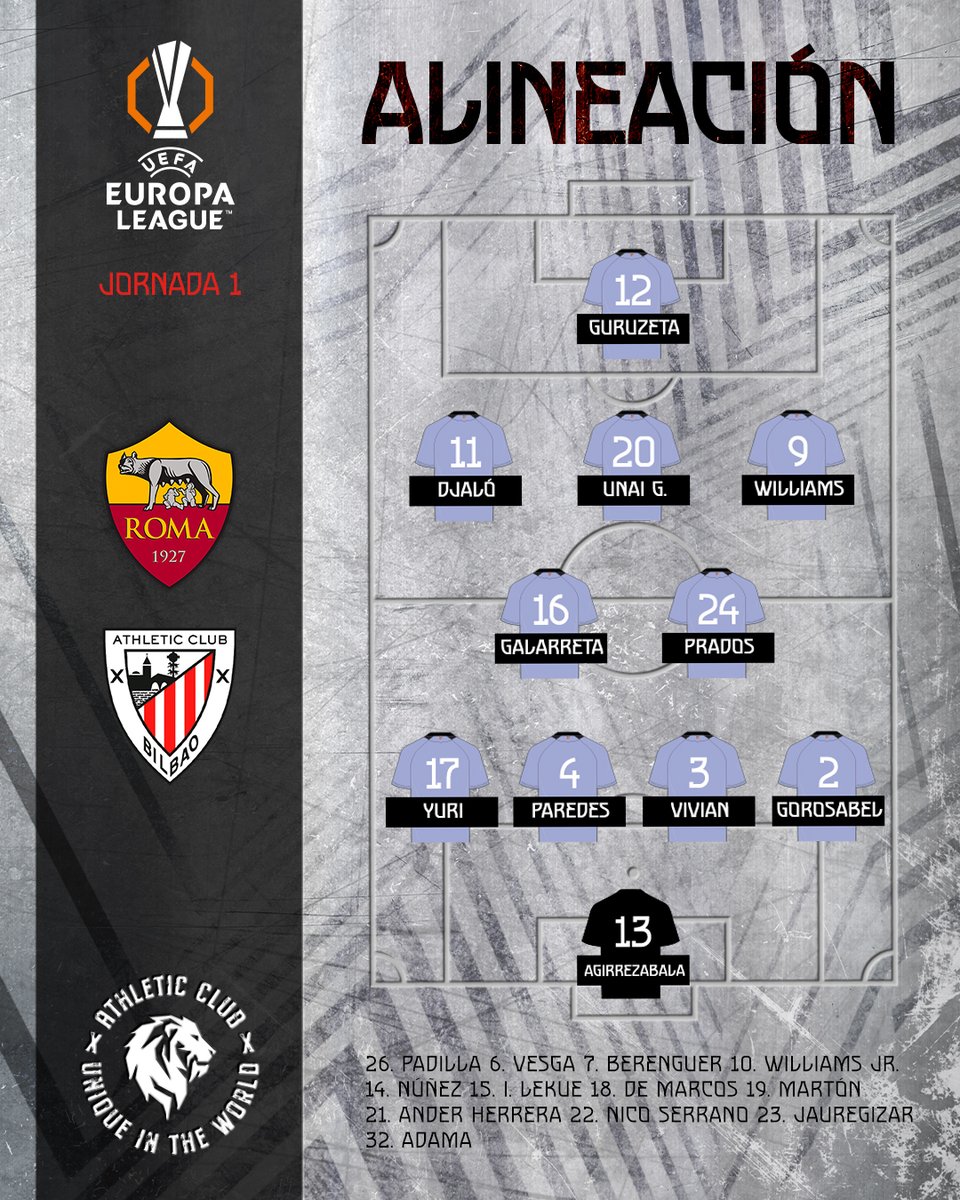 AthleticClub's tweet photo. 🔴⚪ 𝗫𝗜 𝗜𝗡𝗜𝗖𝗜𝗔𝗟 🆚 @OfficialASRoma 

¡Esta es la alineación de los leones para nuestro estreno en @EuropaLeague! 🇪🇺

#RomaAthletic #UniqueInTheWorld 🦁 https://t.co/pm84R41kHI