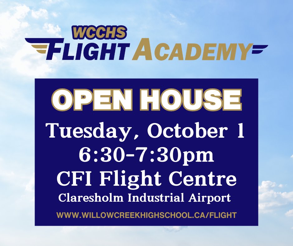 🛫TONIGHT!🛬
High school students and parents: check out <a href="/WCCHS/">WCCHS</a> Flight Academy at tonight's Open House. Then register by October 11 to begin your pilot journey!
willowcreekhighschool.ca/programs/fligh…