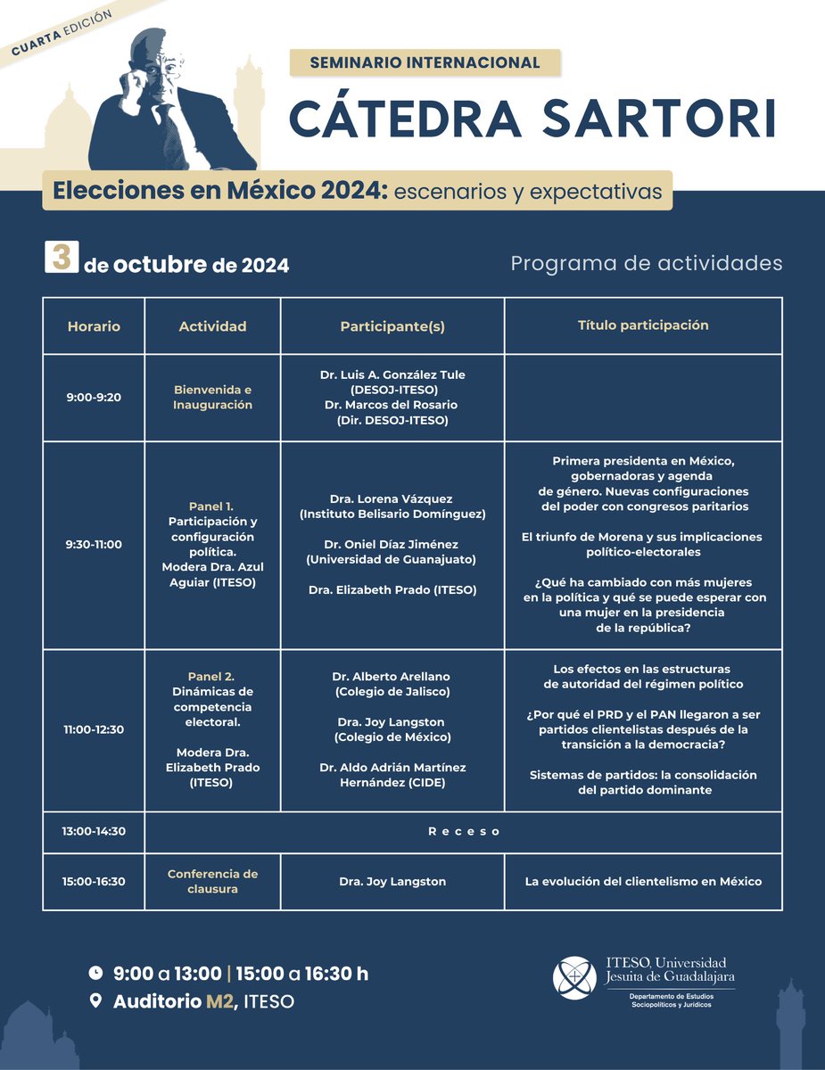 Luis González Tule (@l_gonzalez_tule) on Twitter photo Estamos a una semana de la cuarta edición de la Cátedra Sartori. En esta edición <a href="/lorenavazcorrea/">Lorena Vázquez 🌻</a>, <a href="/OnielDiaz/">Oniel Diaz</a>, Elizabeth Prado, <a href="/betoarellano14/">Alberto Arellano</a>, Joy Langston y <a href="/aldomaher/">Aldo A. Martínez-Hernández</a> reflexionarán sobre el más reciente proceso electoral en México. <a href="/Politicas_ITESO/">Gestión Pública ITESO</a> Estamos a una semana de la cuarta edición de la Cátedra Sartori. En esta edición <a href="/lorenavazcorrea/">Lorena Vázquez 🌻</a>, <a href="/OnielDiaz/">Oniel Diaz</a>, Elizabeth Prado, <a href="/betoarellano14/">Alberto Arellano</a>, Joy Langston y <a href="/aldomaher/">Aldo A. Martínez-Hernández</a> reflexionarán sobre el más reciente proceso electoral en México. <a href="/Politicas_ITESO/">Gestión Pública ITESO</a>