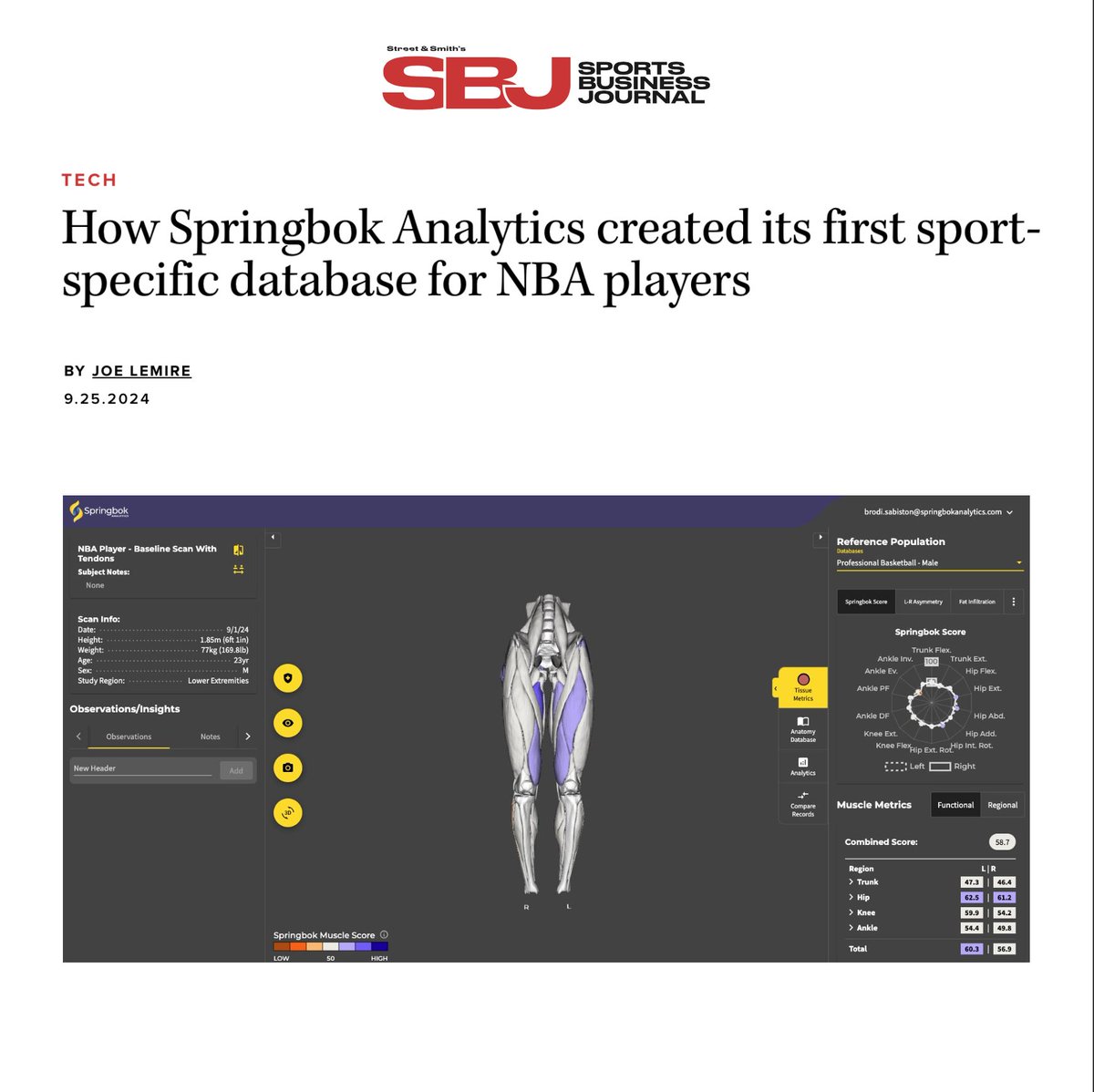 Thanks <a href="/LemireJoe/">Joe Lemire</a> and <a href="/SBJ/">Sports Business Journal</a> (Sports Business Journal) for shining a light on our first elite sport database.

<a href="/utahjazz/">Utah Jazz</a>  director of performance science Barnett Frank said the new <a href="/NBA/">NBA</a> database “allows us to really be a little more strategic with our information.”

#NBA #MRI