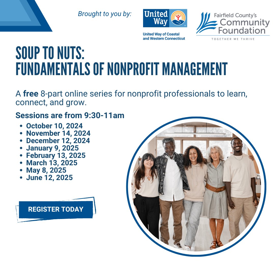 Our Soup to Nuts series with Fairfield County's Community Foundation's #CenterforNonprofitExcellence is back! Get ready to embark on a journey of learning, connecting, and growing with other nonprofit professionals. To sign up, visit bit.ly/nonprofitmanag…