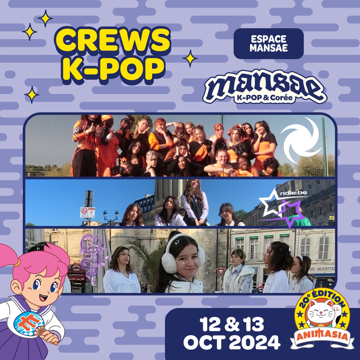 Fest_Animasia's tweet photo. Cette année, 9 crews fouleront nos scènes ! Crews régionaux et nationaux te préparent des shows de danse sur la scène principale le dimanche à 10h15 et sur la scène #Mansae tout au long du week-end !
Billetterie ➡️ https://t.co/4Sp2WiNWMm
#animasia #japon #corée #kpop #dance https://t.co/rtdoS2maWT
