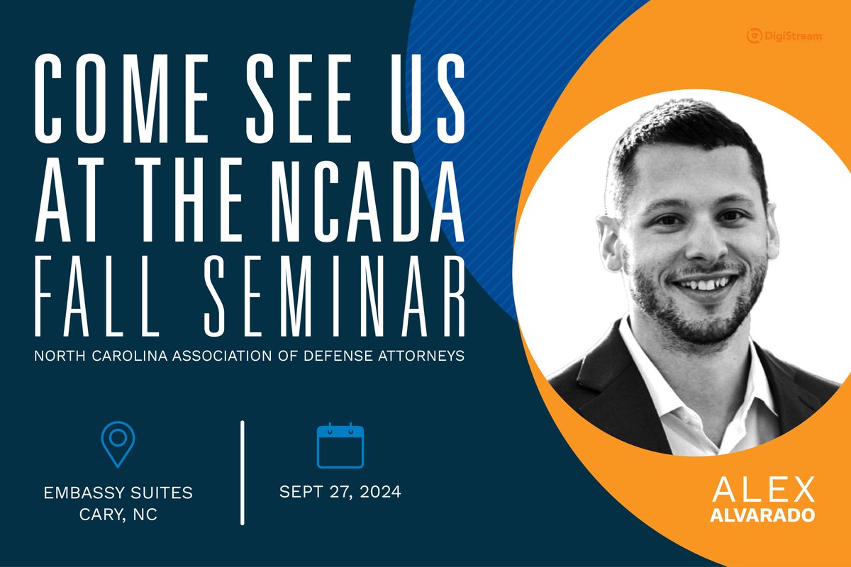 Don't miss Alex Alvarado at the North Carolina Association of Defense Attorneys Fall Seminar tomorrow! He will be there to answer all of your questions and show you how DigiStream can help you mitigate risk! #NCADA