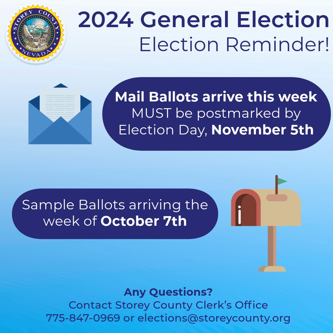 StoreyCounty's tweet photo. The 2024 General Election is underway! 🗳️ Mail Ballots are arriving this week, &amp; Sample Ballots will be sent out starting Oct. 7. Make sure Mail Ballots are postmarked by Nov. 5 or dropped off at a County Polling Place/Clerk’s Office. Questions? Call 775-847-0969. #StoreyCounty https://t.co/Wnl0nl0eDF