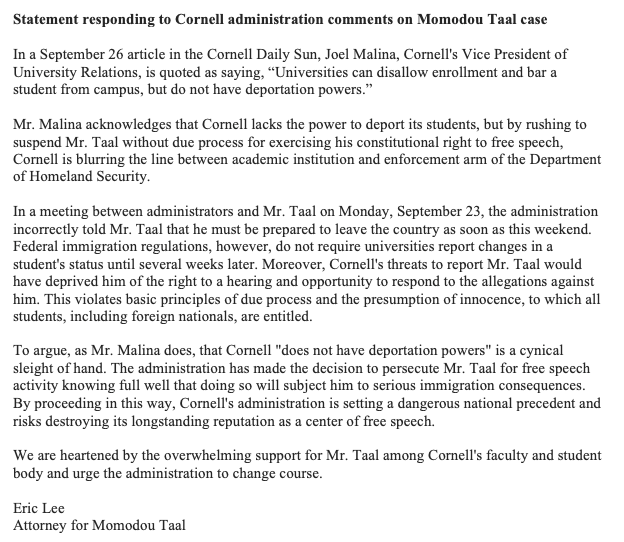 Our statement responding to recent comments made by Cornell VP of University Relations on Momodou Taal's case.