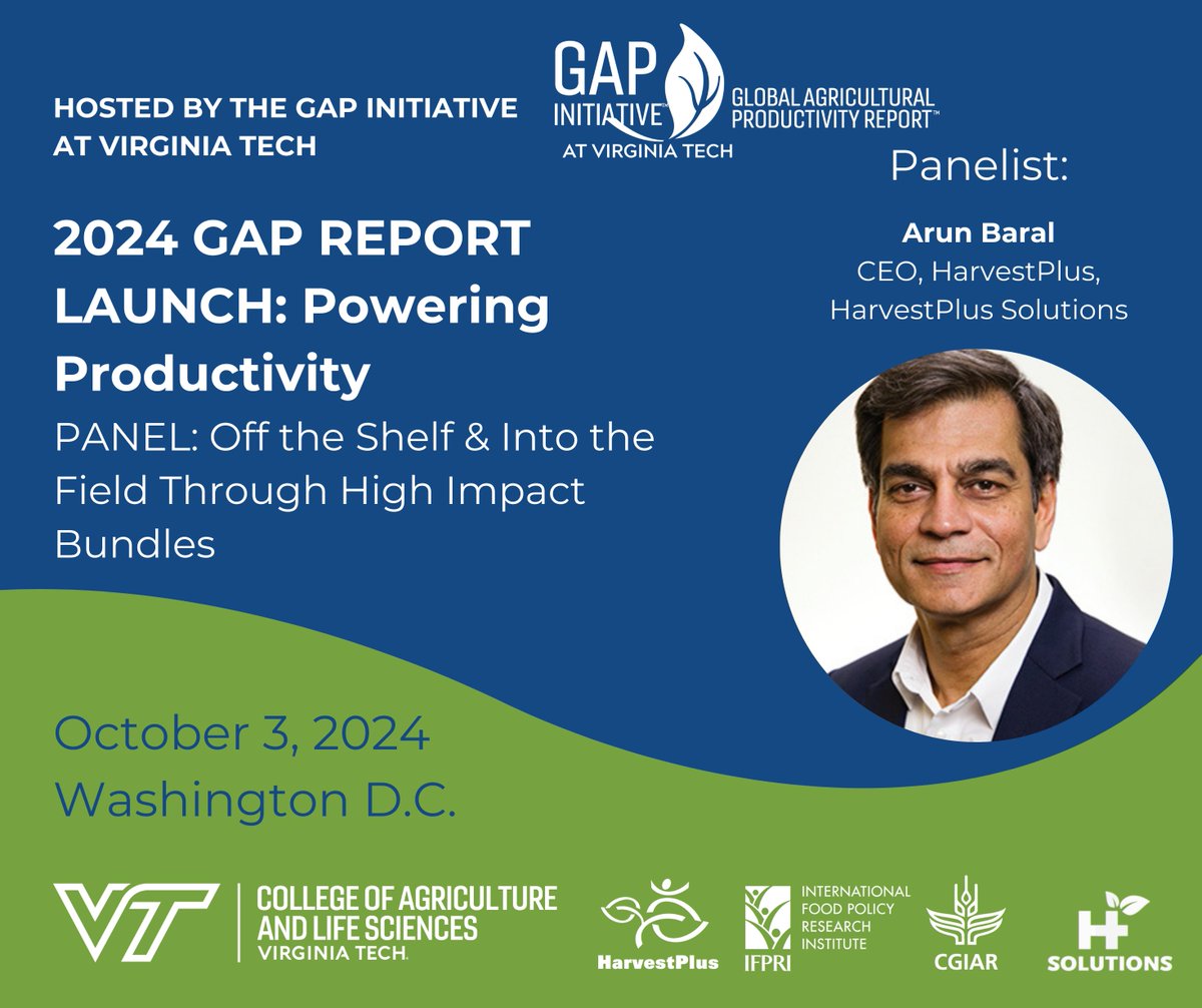 HarvestPlus's tweet photo. ⏳1️⃣ WEEK AWAY!
The @Ag_Productivity is launching their 2024 #GAPReport on #PoweringProductivity.
CEO @ArunHarvestPlus will join a panel to discuss investing in the right bundle of tech and policies to drive sustainable growth in agriculture.
🔗 https://t.co/2G6mjy1Ss8 https://t.co/yX04qM8ykU