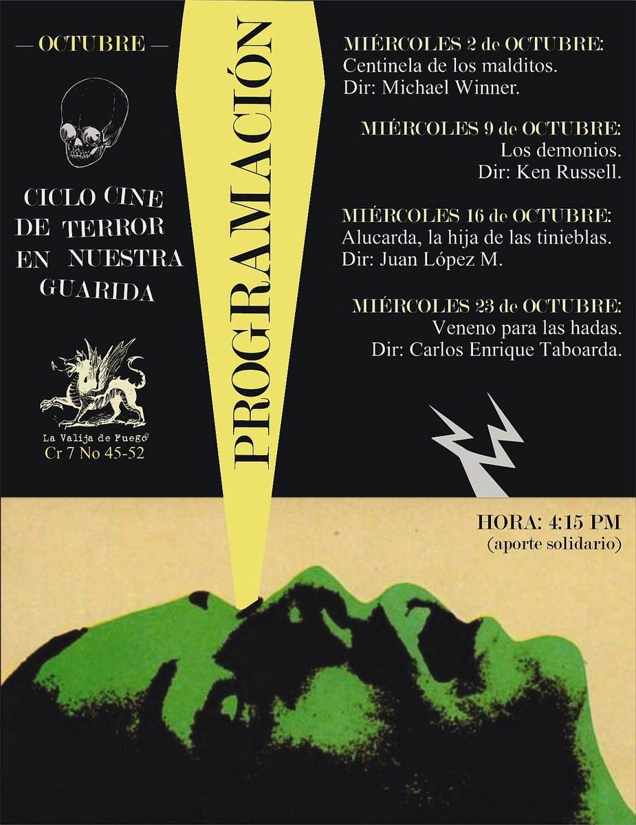 UN CICLO DE PROYECCIONES PARA AMANTES DEL TERROR.
En el mes más escalofriante del año les esperamos para que nos acompañen en estas cuatro proyecciones.

La cita será los miércoles 2, 9, 16 y 23 de octubre a las 4:15 PM. La entrada tendrá un costo de aporte sólidario.