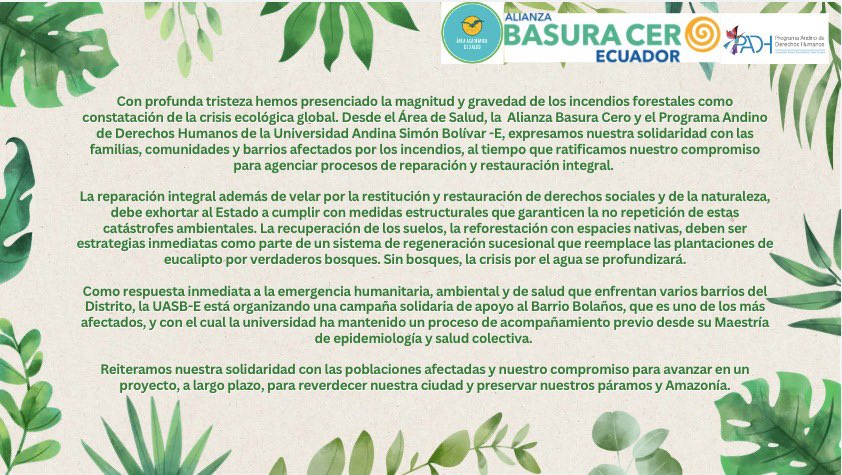 📢 A la comunidad: 
Expresamos nuestra solidaridad y nuestro compromiso para avanzar en un proyecto a largo plazo para reverdecer 🌳nuestras ciudades, preservar nuestros páramos y cuidar la Amazonía. 🪻
#EcuadorPaísBasuraCero
