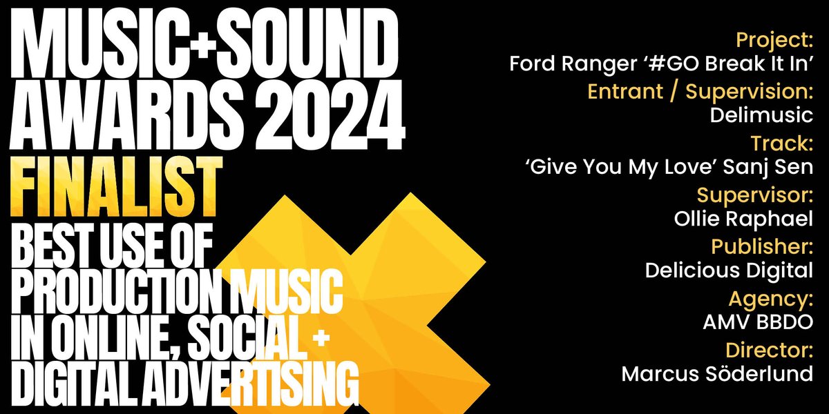 #MASAwards Finalist (3/7):
Ford Ranger ‘#GO Break It In’
Entrant / Supervision: <a href="/delimusictweets/">Delimusic</a>
Track: ‘Give You My Love’ Sanj Sen
Supervisor: Ollie Raphael
Publisher: <a href="/deliciousW3/">Delicious Digital</a>
Agency: <a href="/AMV_BBDO/">AMV BBDO</a>