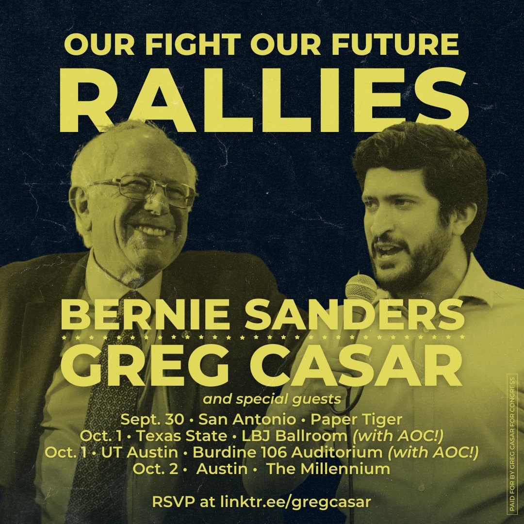 📢 NEW: <a href="/AOC/">Alexandria Ocasio-Cortez</a> is joining <a href="/BernieSanders/">Bernie Sanders</a> and I in Texas next week to help us register folks to vote ahead of the Oct. 7 deadline! Texas is in play, y'all! 

Our full schedule 👇🏽