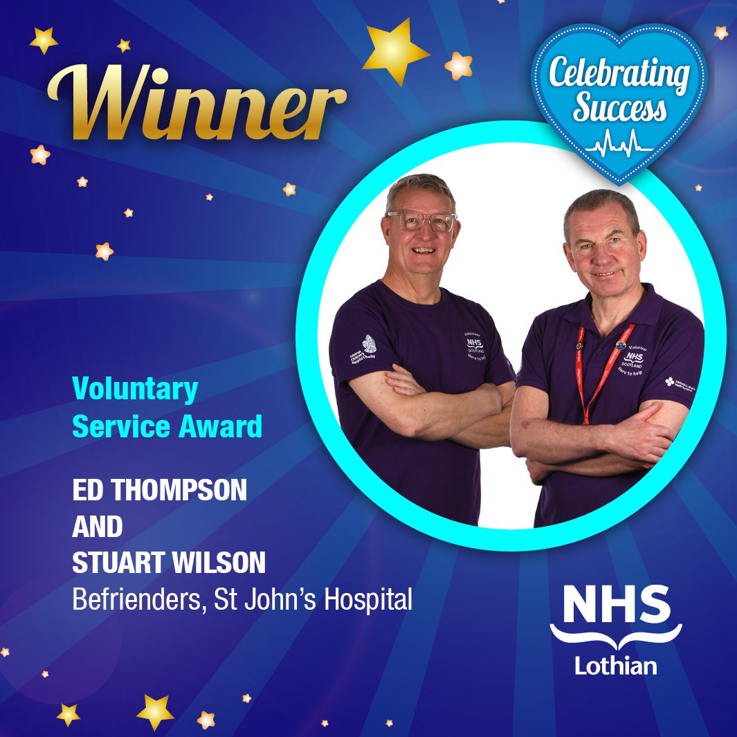 Congratulations to Stuart Wilson &amp; Ed Thompson on winning the Voluntary Service Award in a Befriending role at St John's Hospital.
Well done to finalists Moray and the A&amp;E Volunteers in <a href="/RIE_Lothian/">Royal Infirmary of Edinburgh</a>
RHCYP &amp; <a href="/LothianSjh/">SJH_Lothian</a> Fantastic work! #CSA24
<a href="/NHS_Lothian/">NHS Lothian</a>