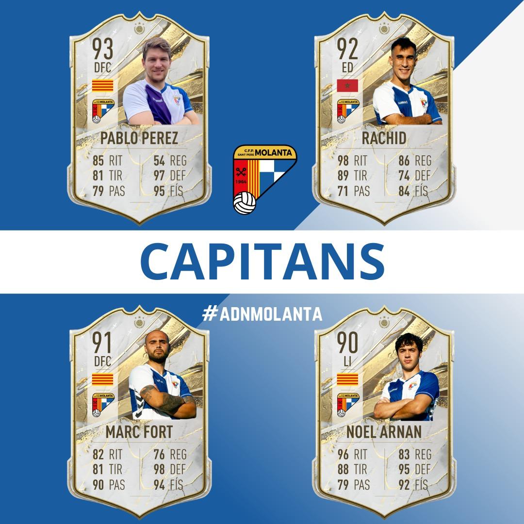 Aquests seran els capitans de la temporada 24/25. 💪💪

Són els nostres líders dins i fora del camp, i els encarregats de transmetre els valors i la identitat del club. 💙🤍

1r capità: Pablo Perez
2n capità: Rachid
3r capità: Marc Fort
4t capità: Noel Arnan