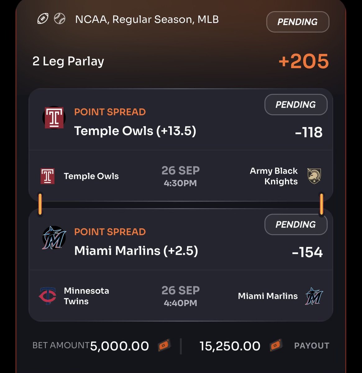 EVBettors's tweet photo. DON'T SUCK ASS Parlay, Thursday Edition 😎

$5k -> $15.25k. Who's tailing ... 🤔
1) Temple +13.5
2) Marlins +2.5

Parlay is on Rebet, a book legal in (basically) every state. I say it ALL the time but having MORE sportsbooks = MORE profit, explained here: https://t.co/l3UJMQNSQF. Never know which book is going to have the best value on a given day...
