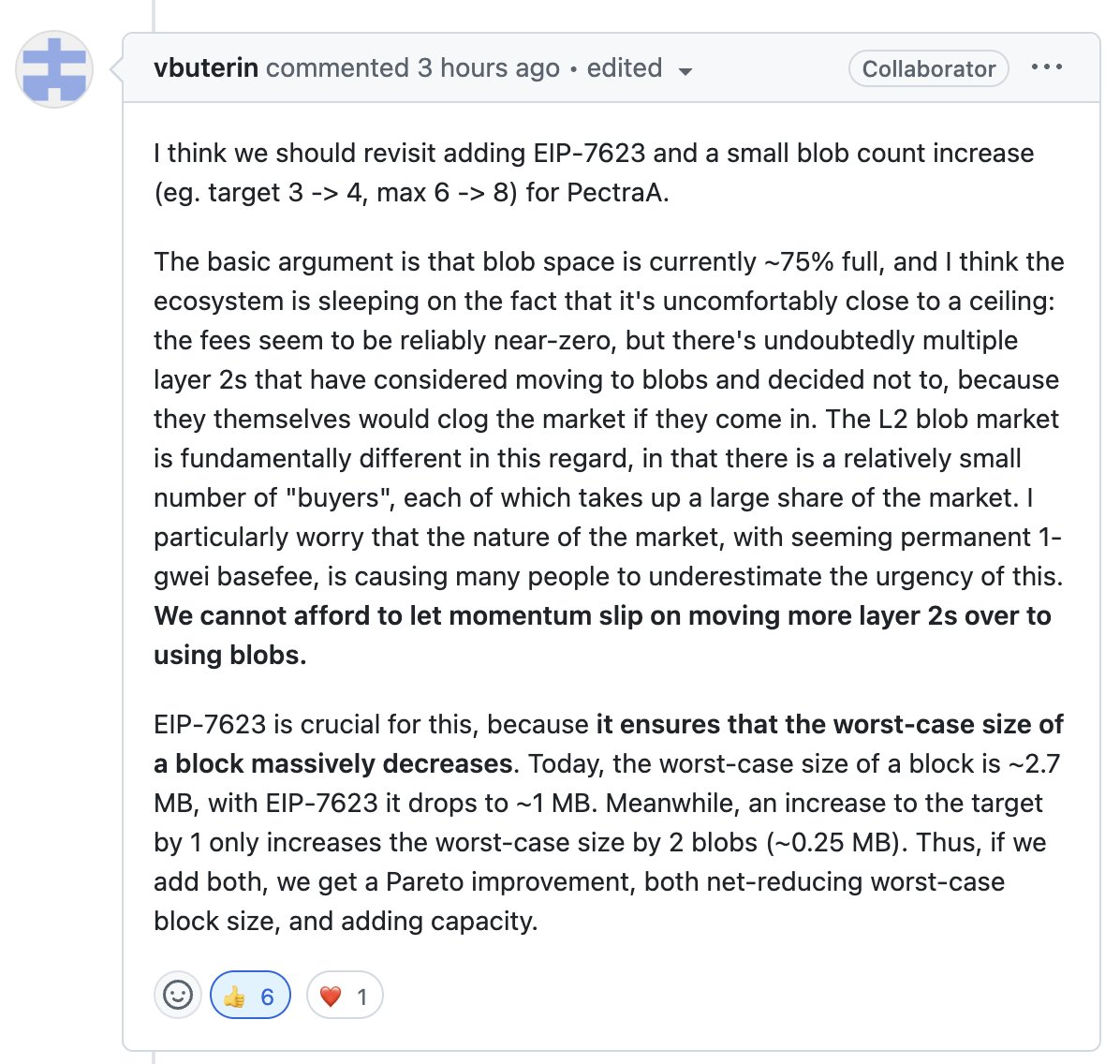 I strongly support <a href="/VitalikButerin/">vitalik.eth</a>'s proposal to increase blob count, combined with EIP-7623.

reduces worst-case block size and adds needed capacity for fast growing L2s. the growth is exponential!  

the <a href="/base/">Base</a> team is contributing to unlock this — and we're ready to do more.