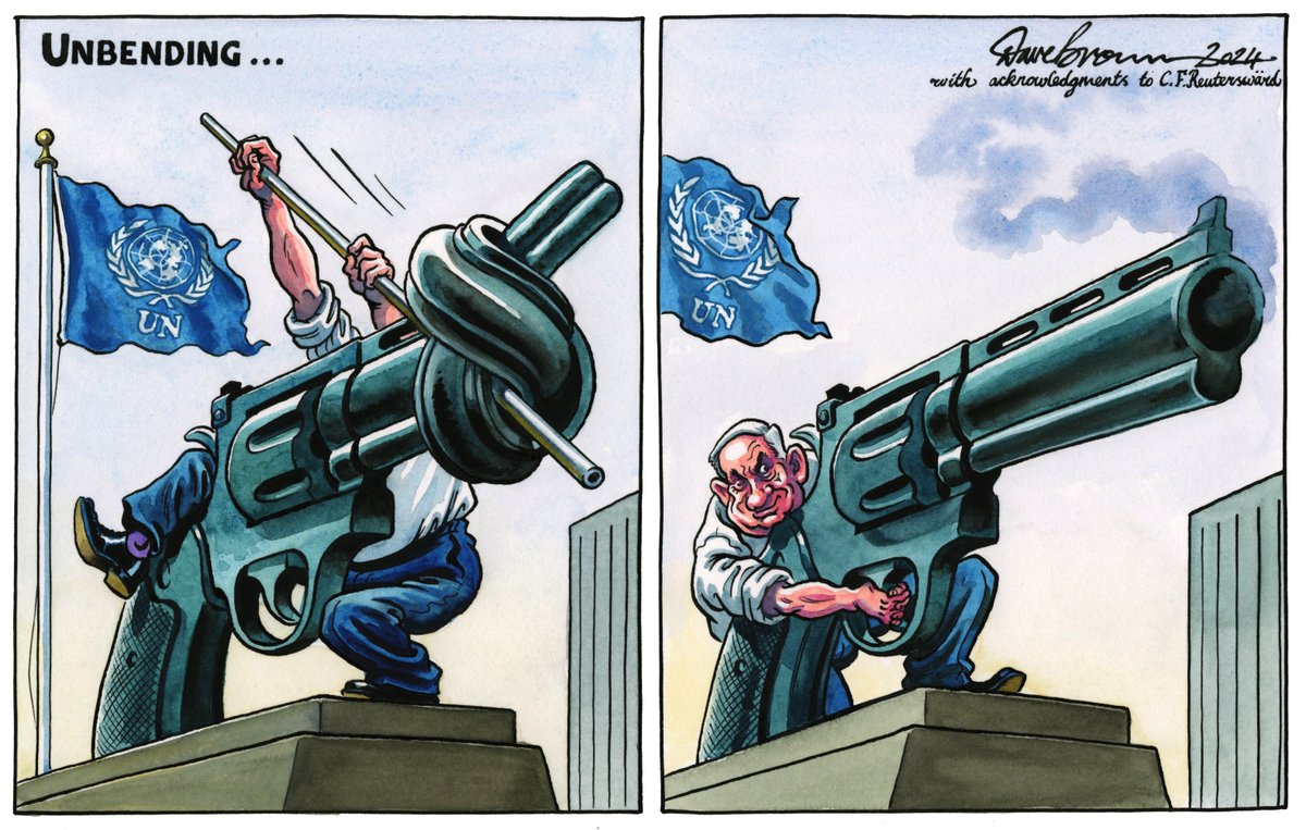 Dave Brown (@davebrowntoons) on Twitter photo Tomorrow's <a href="/Independent/">The Independent</a> cartoon, with acknowledgments to #CartFredrikReuterswärd's 'Non-violence' sculpture... #Netanyahu #UnitedNations #UNNewYork #Ceasefire #IsraelGaza #IsraelLebanon #NetanyahuWarCriminal Tomorrow's <a href="/Independent/">The Independent</a> cartoon, with acknowledgments to #CartFredrikReuterswärd's 'Non-violence' sculpture... #Netanyahu #UnitedNations #UNNewYork #Ceasefire #IsraelGaza #IsraelLebanon #NetanyahuWarCriminal