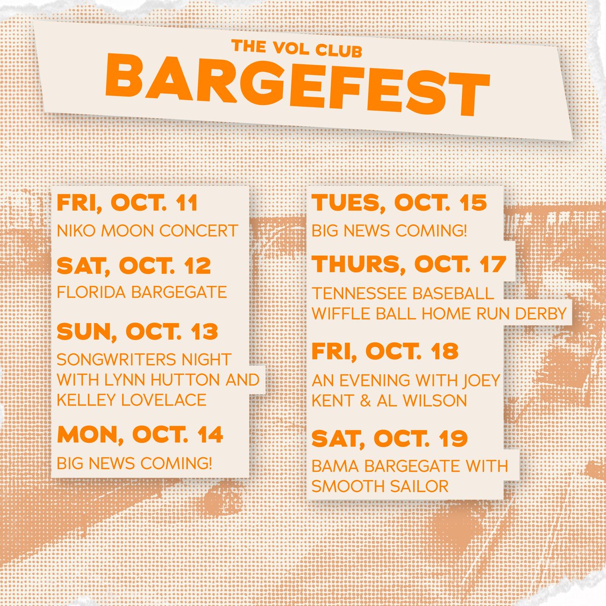 TheVolClub's tweet image. Tennessee fans, get ready for BARGEFEST! 🚨
Experience the ultimate Volunteer party on the water! This once-in-a-lifetime week of events brings together:
🏈 Current Tennessee athletes
🎵 Incredible Musical Acts
🍔 All-inclusive food and drinks
🏆 Legendary VFLs
Don&apos;t miss your…