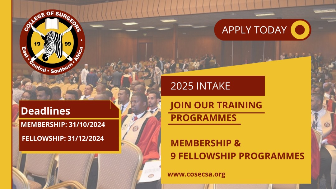 The application window for the 2025 intake is still open! Don't miss this opportunity to be a part of COSECSA's esteemed programmes. Visit our website today to apply. Take the next step toward advancing your career in surgery with COSECSA!