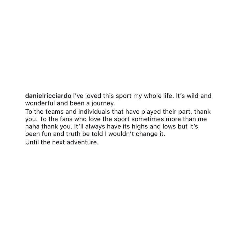 HQFormula1's tweet photo. ❤️ Daniel Ricciardo’s message after being replaced:

What a man @danielricciardo https://t.co/P4LE3NuLsa
