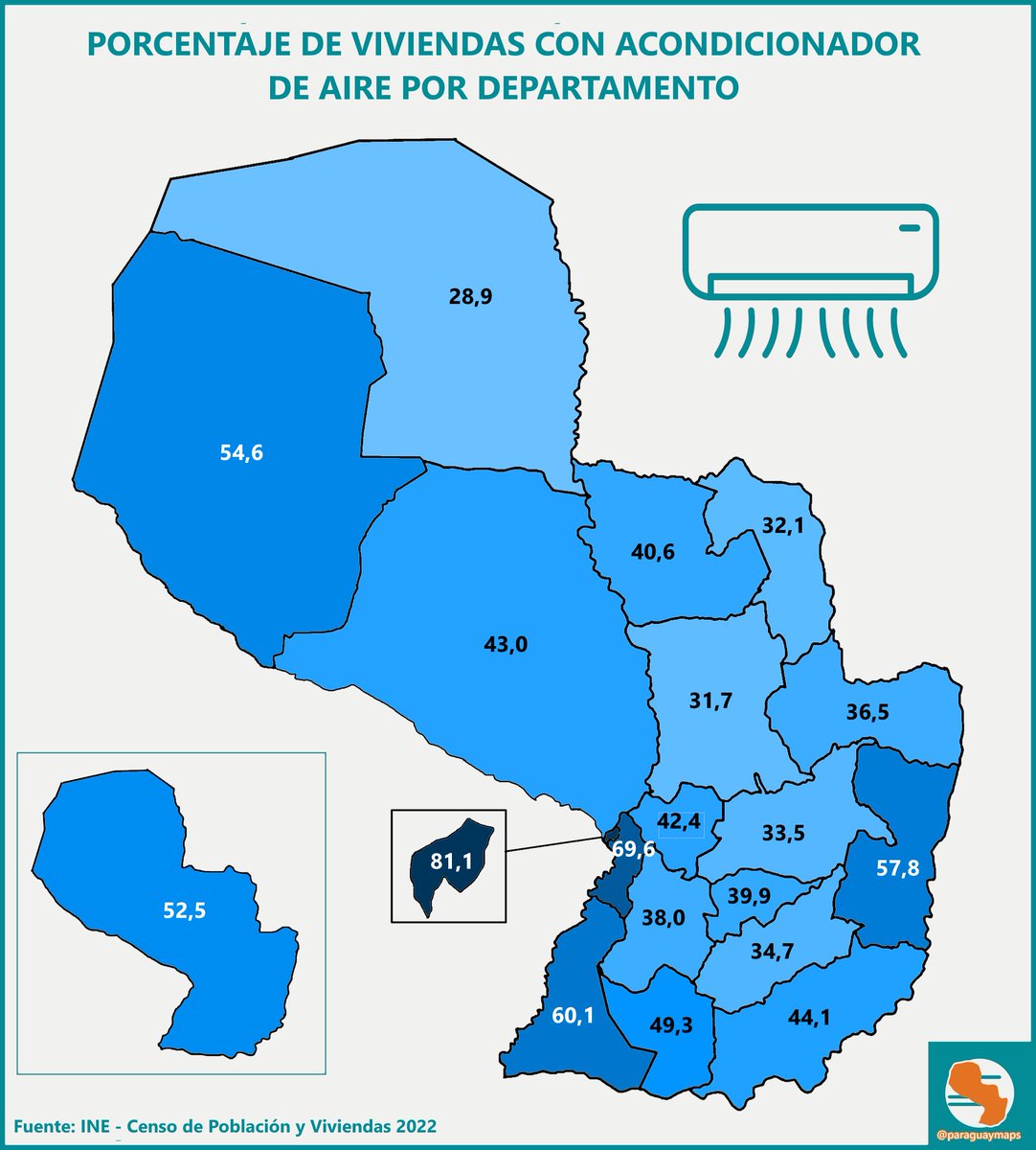 Porcentaje de viviendas con acondicionador de aire por departamento.