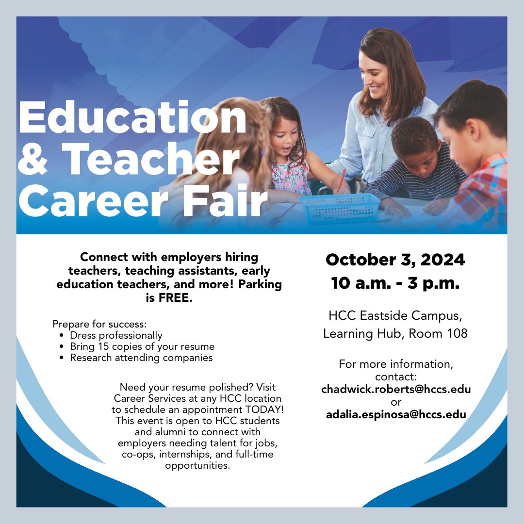 Looking for a fulfilling career in education? Join us at the Education Career Fair at Eastside Campus next week! Our community needs passionate educators, and this is your chance to make a difference! 
#educationcareers #teachingjobs #careerfair #hccsoutheast