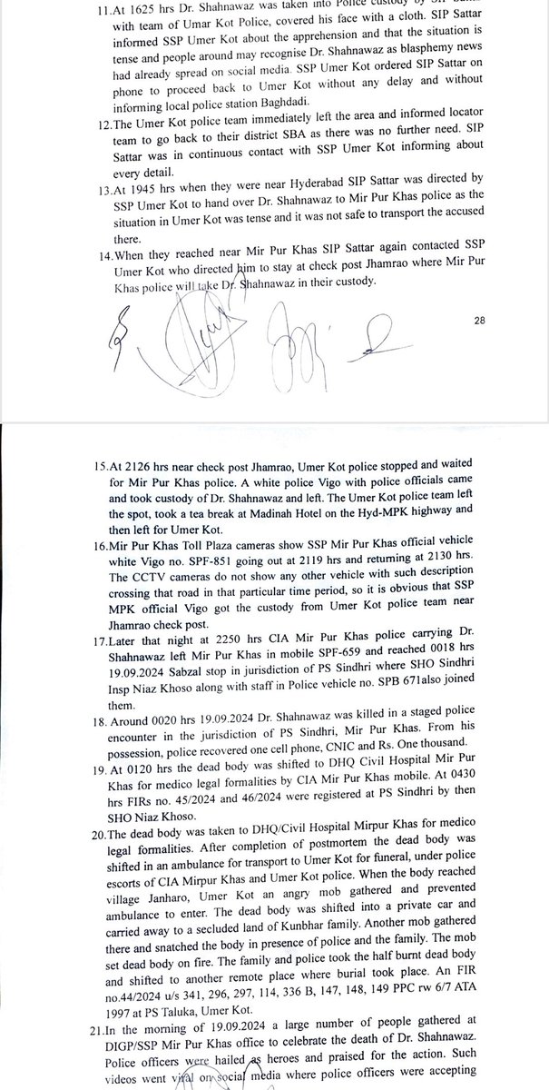 MJibranNasir's tweet photo. Report of the Inquiry Committee constituted by IGP Sindh into the encounter which claimed Dr. Shahnawaz Kumbhar's life find the encounter to be "staged" with the whole episode not handled with as per laws and Police Rules lacking over all command and failure to take lawful decisions. Recommends a separate FIR into the murder of Dr. Shahnawaz and recommends action against all officers involved including DIG Mirpurkhas, SSP Mirpurkhas and SSP Umerkot. The Committee reveals that Umerkot Police arrested Dr. Shahnawaz in a escort mobile of SSP Umerkot and later custody of Dr. Shahnawaz was handed over to Mirpurkhas police in Vigo assigned to SSP Mirpurkhas before his encounter. The Committee Report is silent about the blasphemy allegations against Dr. Shahnawaz and did not inquire into whether his account was hacked and he was framed. If that is the case that culprit is still at large.