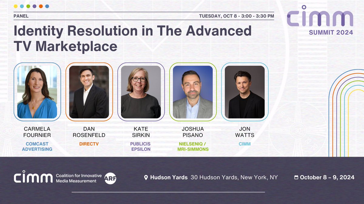 We're getting excited for #CIMMSummit! On 10/8, Josh Pisano will be on stage with some excellent panelists to discuss key findings from CIMM's #IdentityResolution research study. Don't miss this session!  #AdvancedTV bit.ly/3N0RW00