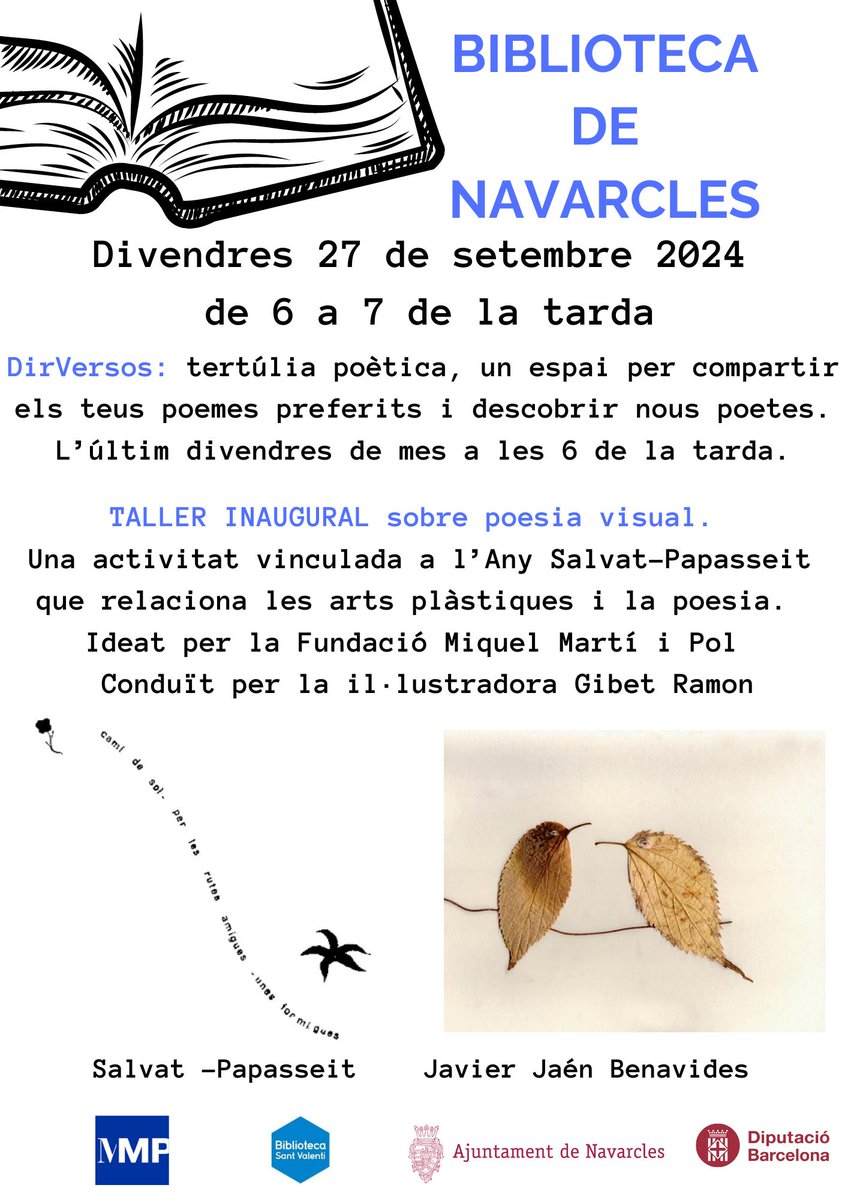 bnavarclessv's tweet photo. I demà poesia visual. 😍
Celebrem l'any Salvat-Papasseit amb una activitat creativa a l'entorn de la poesia visual. Inaugurem una nova temporada de les tertúlies poètiques del #DirVersos a Navarcles amb un taller guiat per la Gibet Ramon.  @ajnavarcles @bibliotequesXBM https://t.co/IyUDfRitLb