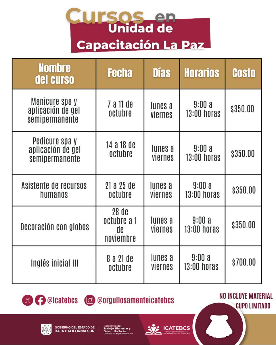 icatebcs's tweet photo. 📢Calendario cursos octubre en Unidad de Capacitación #LaPaz
📃Documentación: CURP e identificación oficial
📌Dirección: Avenida de los Deportistas y Bordo de Contención, Col. 3 de Mayo, La Paz, Baja California Sur📞6121211064 y 6121210617 de lunes a viernes de 8:00 a 20:00 horas https://t.co/m9ih8kELC1