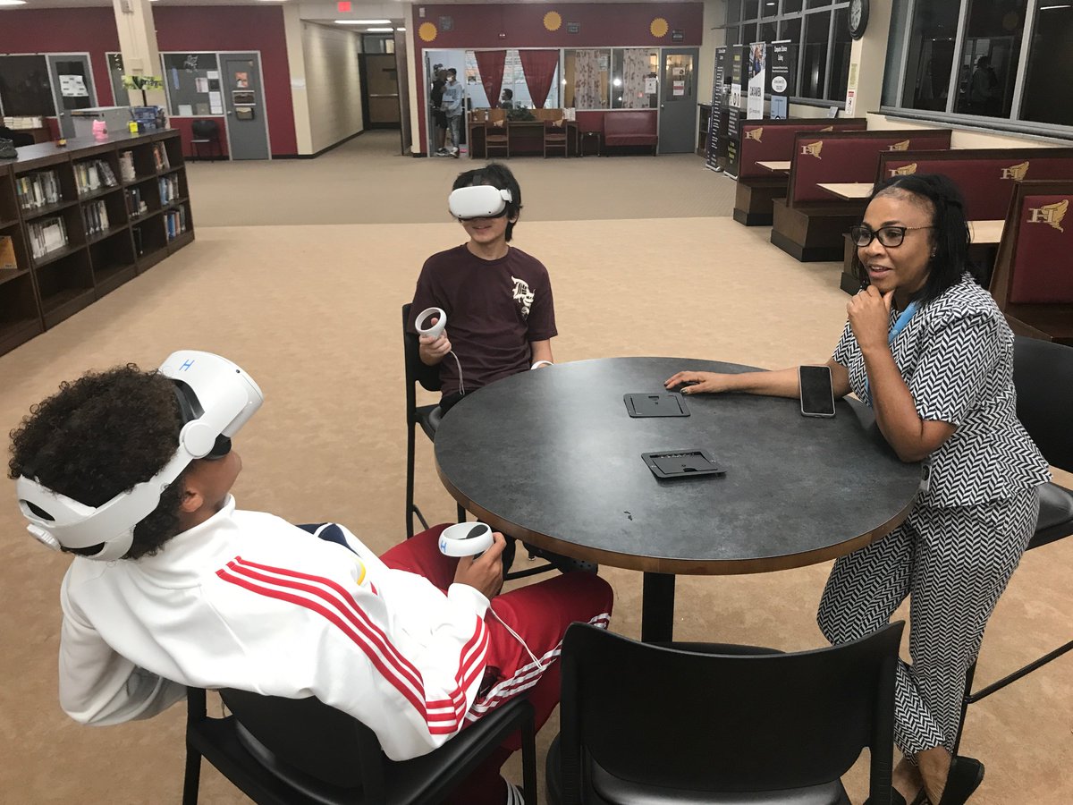 RiceTeacher's tweet photo. Ms. Lee-Lyttle and I led an algebra class activity in VXR Labs' "Algebra: The Scales of Al-Khwarizmi" today!  Students learned about solving equations by virtually weighing such items as cows, cabbages, bears, and yachts!  VR learning is fun!
@hickory_high
@hickoryschools https://t.co/qKbt8PLV9C
