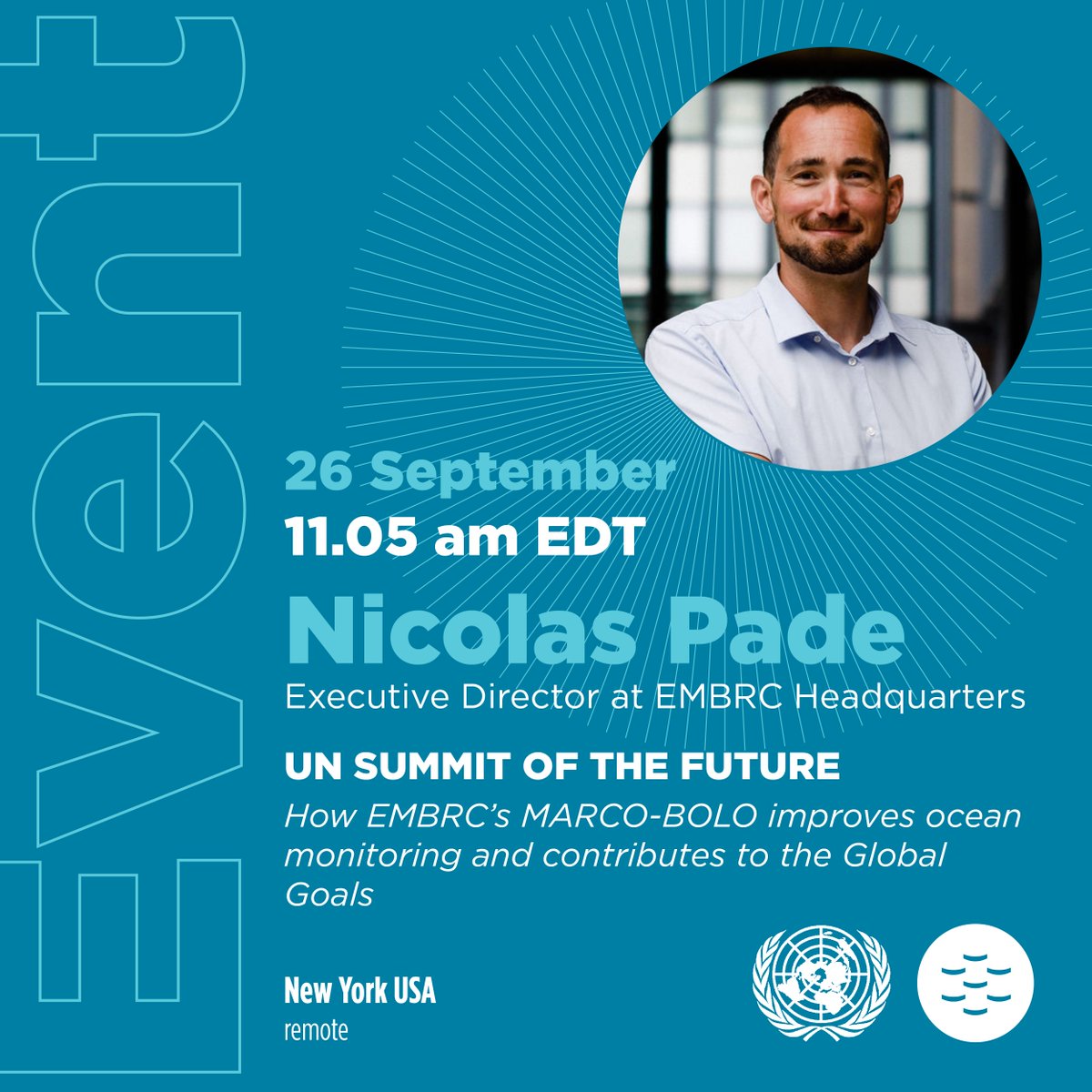 EMBRC_EU's tweet photo. #Event2024 I 👉 At #UNSummitOfTheFuture, our ED @NicolasPade will present @MARCOBOLO_EU on behalf of EMBRC, the lead coordinator, & share how MARCO-BOLO can improve #OceanMonitoring & boost innovation
📅 26 Sept, 11am
📍New York & remote
🔗 https://t.co/OrMdcdlRnN https://t.co/Ah0tpLuA6A