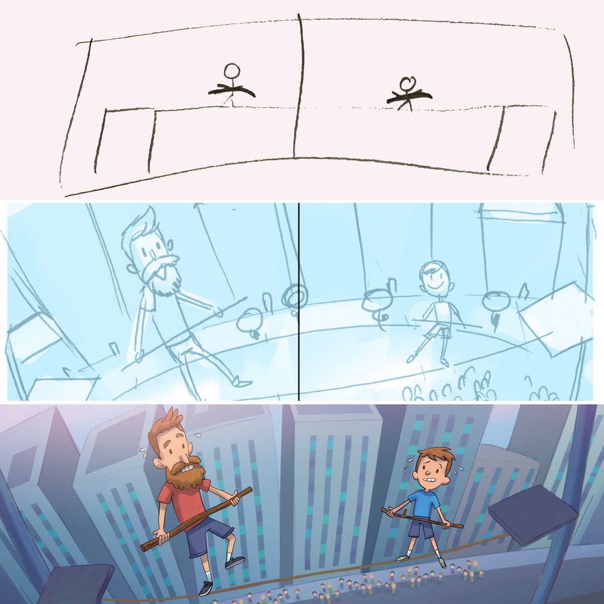 How great of an illustrator is <a href="/toyebot/">Derek Toye</a>?! See for yourself! He took <a href="/NoJoryous/">Derek Jory</a>’ original vanilla storyboard sketch for the tightrope walk scene and developed it into an incredibly detailed spread (pages 13 &amp; 14) in <a href="/perfstickbook/">ThePerfectStickbook</a>! ✍️🔥🙌