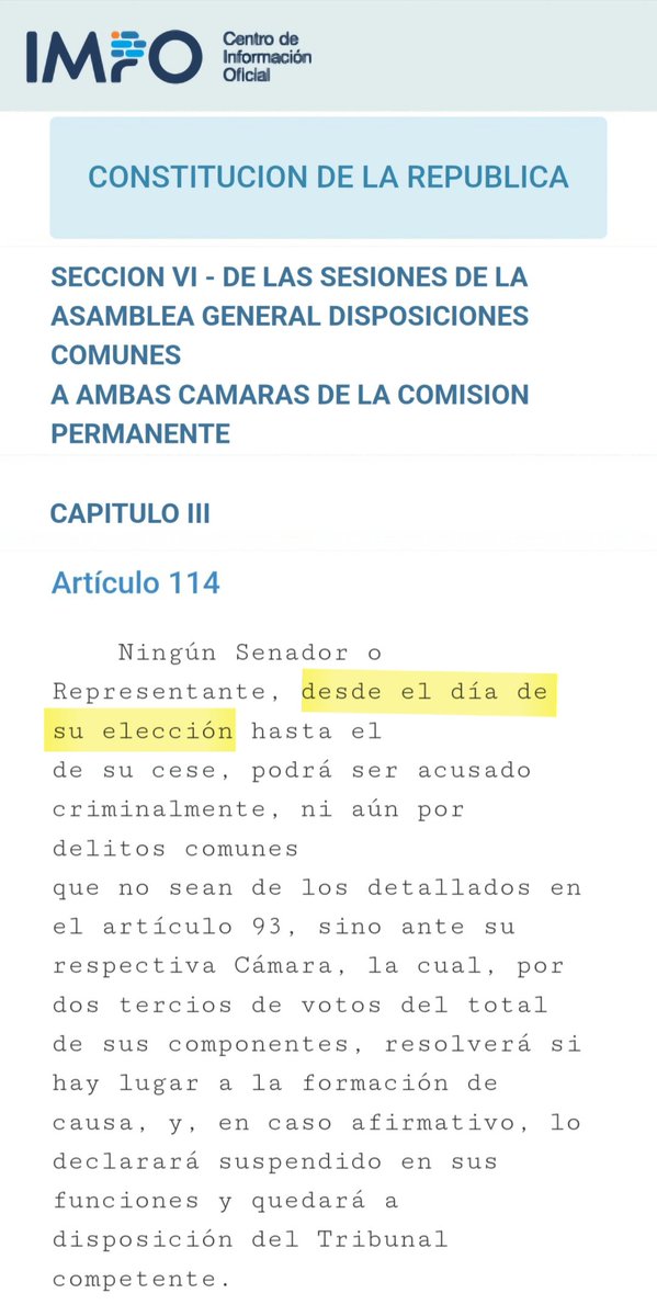 jorgegandini's tweet photo. Las cosa claras, bien claras.
No alcanza con que Carrera renuncie al Senado y por tanto a sus Fueros por unos días. Tiene que renunciar también a ser candidato en la 609.
De lo contrario recuperaría los fueros el 27 de octubre al ser electo y la Fiscalía tendría que pedirlo de nuevo y el Senado obtener 2/3 para su Desafuero.
Artículo 114 de la Constitución de la República.