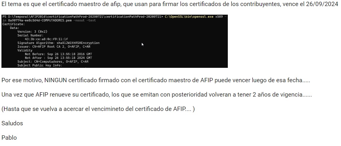 Boludo un kuka que seguia en AFIP no renovo el  certificado digital maestro para la facturación electrónica, HOY SE VENCE TODOS LOS CERTIDICADO SE QUE SE GENERARON EN EL 2024, MILES DE EMPRESAS SE VAN A QUEDAR SIN PODER FACTURAR AL MISMO TIEMPO!!! <a href="/NegroCensurado/">Negro Almeida del 55,6%</a> <a href="/GordoDan_/">DAN</a>