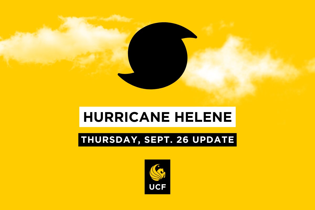 UCFPolice's tweet photo. #UCFAlert: Based on forecasts showing Helene moving away from Central Florida, @UCF will resume normal classes and operations at 6 a.m. Friday, Sept. 27.

More information: https://t.co/smLtaan6qN https://t.co/BhqpeGD1hx