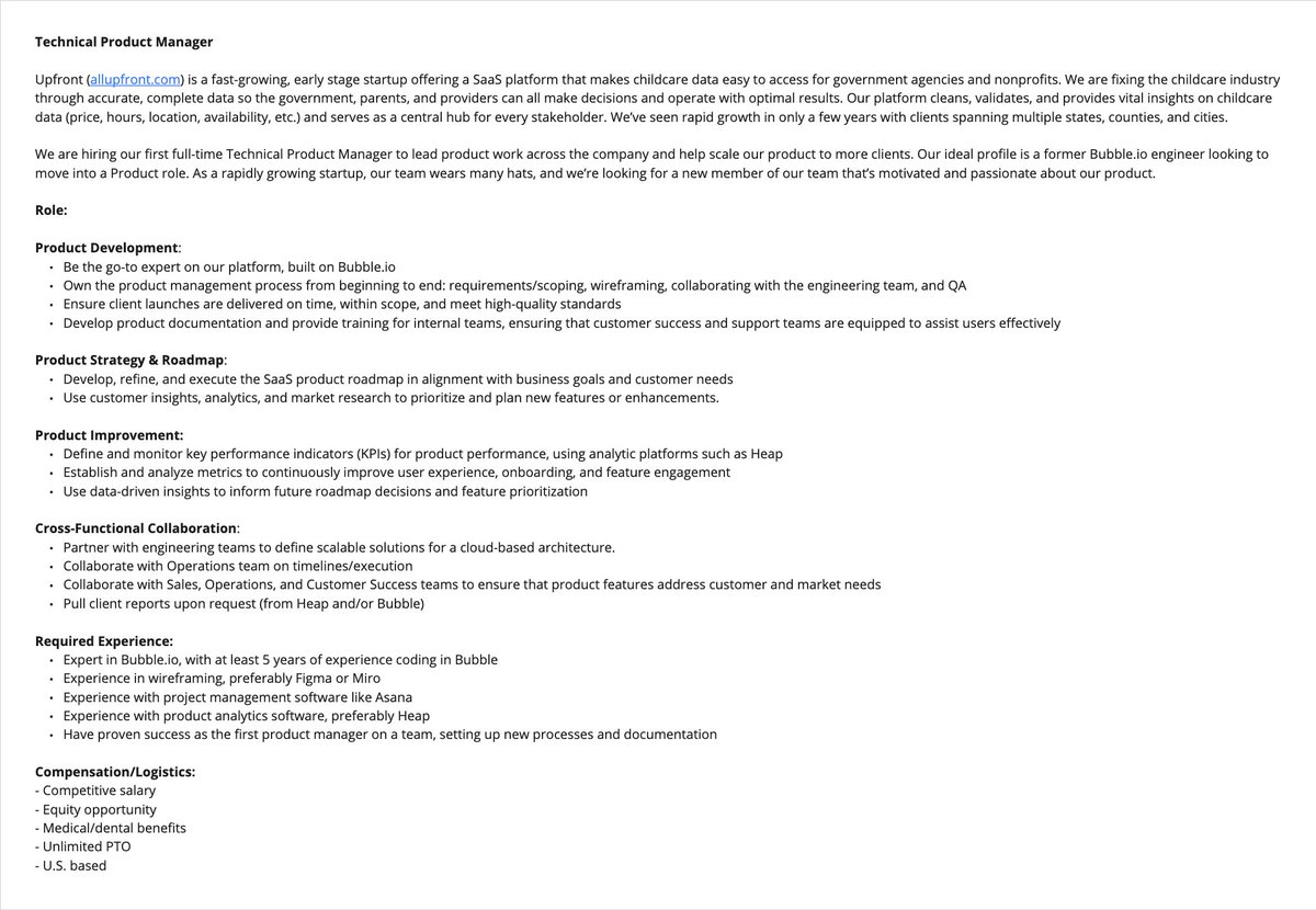 Hey <a href="/bubble/">Bubble</a> people! We're seeking a Technical Product Manager to join our rapidly growing startup.

Join an incredible team with an excellent mission! 🚀

linkedin.com/jobs/view/4035…