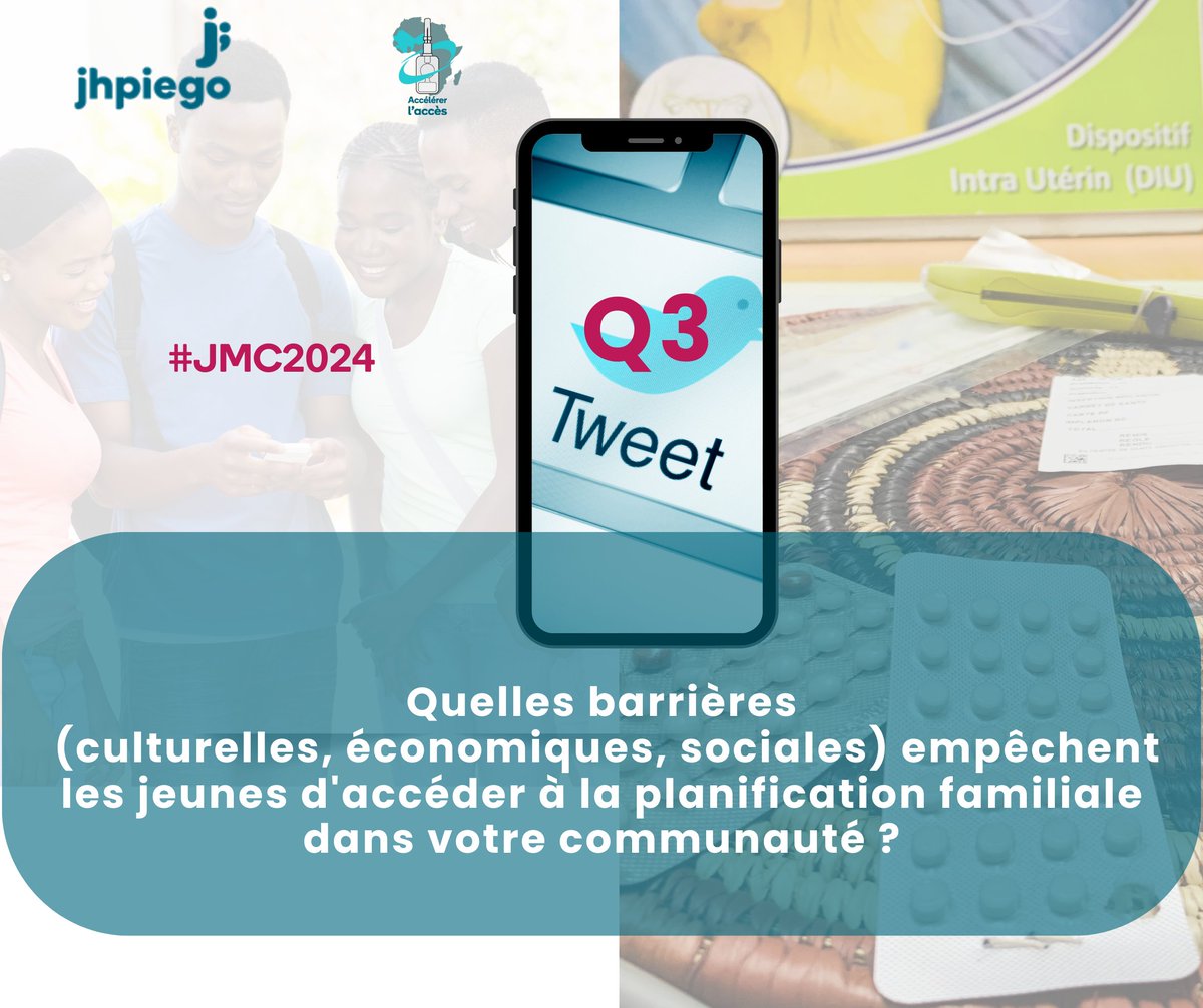 DMPASCNow's tweet photo. #RDC #TweetUp #WordlContraceptionDay2024
#Question 3
Quelles barrières (culturelles, économiques, sociales) empêchent les jeunes d'accéder à la planification familiale dans votre communauté ?
#BriserLesBarrières #AccèsContraception #AutonomisationDesJeunes #LibertéDeChoisir https://t.co/jCZm3At0vT