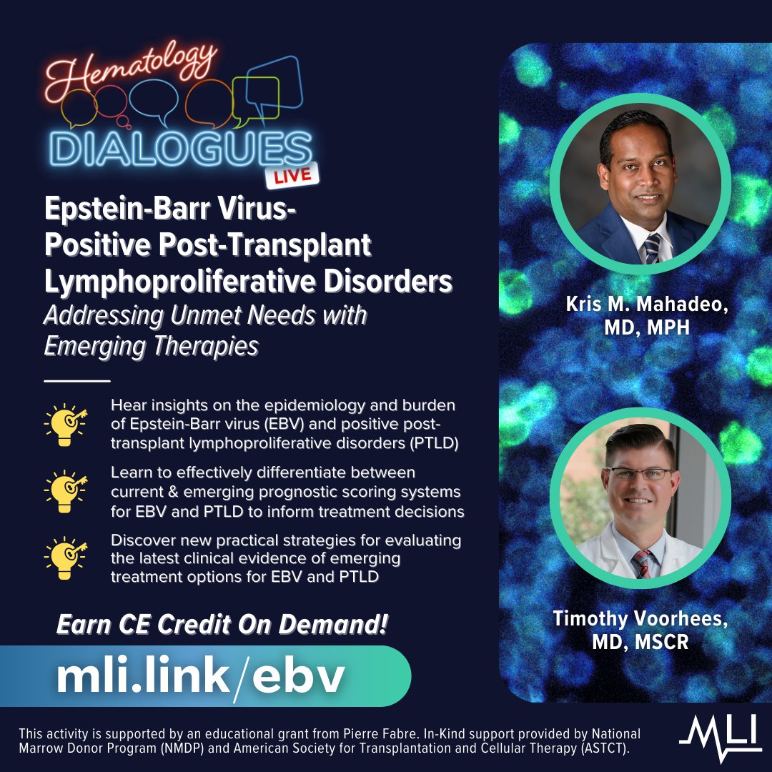 Medical Learning Institute, Inc. (@mlieducation) on Twitter photo 🚨CME ALERT🚨Our #SOHO2024 symposium on EBV+ PTLD is now available On Demand! Hear expert insights from <a href="/MahadeoKris/">Kris Mahadeo</a> & <a href="/tvoorheesmd/">Timothy Voorhees, MD, MSCR</a> on the epidemiology & burden of EBV+ PTLD, prognostic challenges & game-changing emerging treatment options. Start now & earn CE credit for free👉 🚨CME ALERT🚨Our #SOHO2024 symposium on EBV+ PTLD is now available On Demand! Hear expert insights from <a href="/MahadeoKris/">Kris Mahadeo</a> & <a href="/tvoorheesmd/">Timothy Voorhees, MD, MSCR</a> on the epidemiology & burden of EBV+ PTLD, prognostic challenges & game-changing emerging treatment options. Start now & earn CE credit for free👉