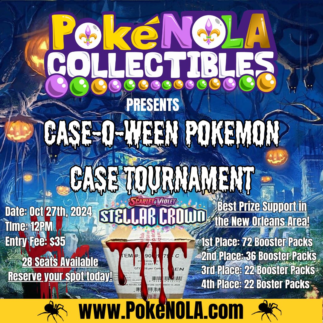 Poke_NOLA's tweet photo. Get ready for a spook-tacular showdown at the #1 Rated Trading Card Game Store in New Orleans! Join us for the Case-O-Ween Pokémon Case Tournament on October 27th, 2024, at 12 PM! Entry is just $35, so grab your cards and your courage! Let the battles begin! Reserve your spot today at https://t.co/TGGnArobPL 🎃 #pokemon #pokemontcg #pokenola #neworleans #nola