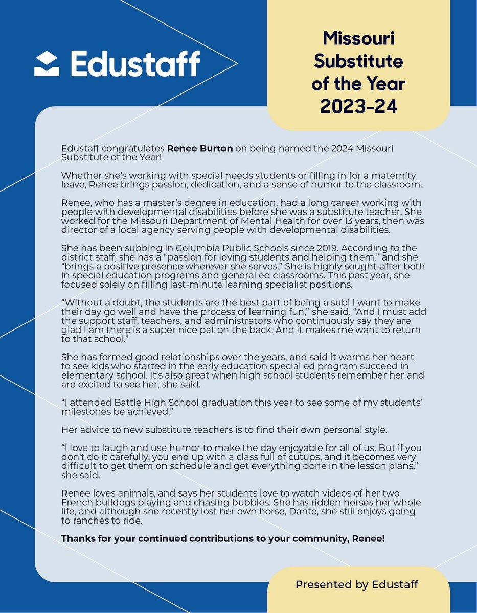 EdustaffLLC's tweet photo. A huge congratulations to Renee Burton for being named our 2024 Missouri Sub of the Year! ⭐ Renee is an incredible substitute who always puts students' success at the forefront of her instruction. Thanks for all you do!
#edustaff #excellenceinstaffing #suboftheyear https://t.co/MyfZJdu1RL
