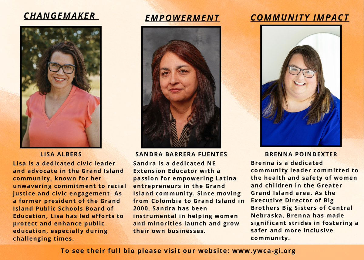 🌟 Excellence in Action Honors 2024 🌟

Join us in celebrating Lisa Albers, Sandra Barrera Fuentes, &amp; Brenna Poindexter for their amazing contributions to our community! 🙌

📅 October 24th, 2024 | 💵 Sponsorship Table: $750
🔗 Learn more: buff.ly/2KaYqc8

#YWCAGI