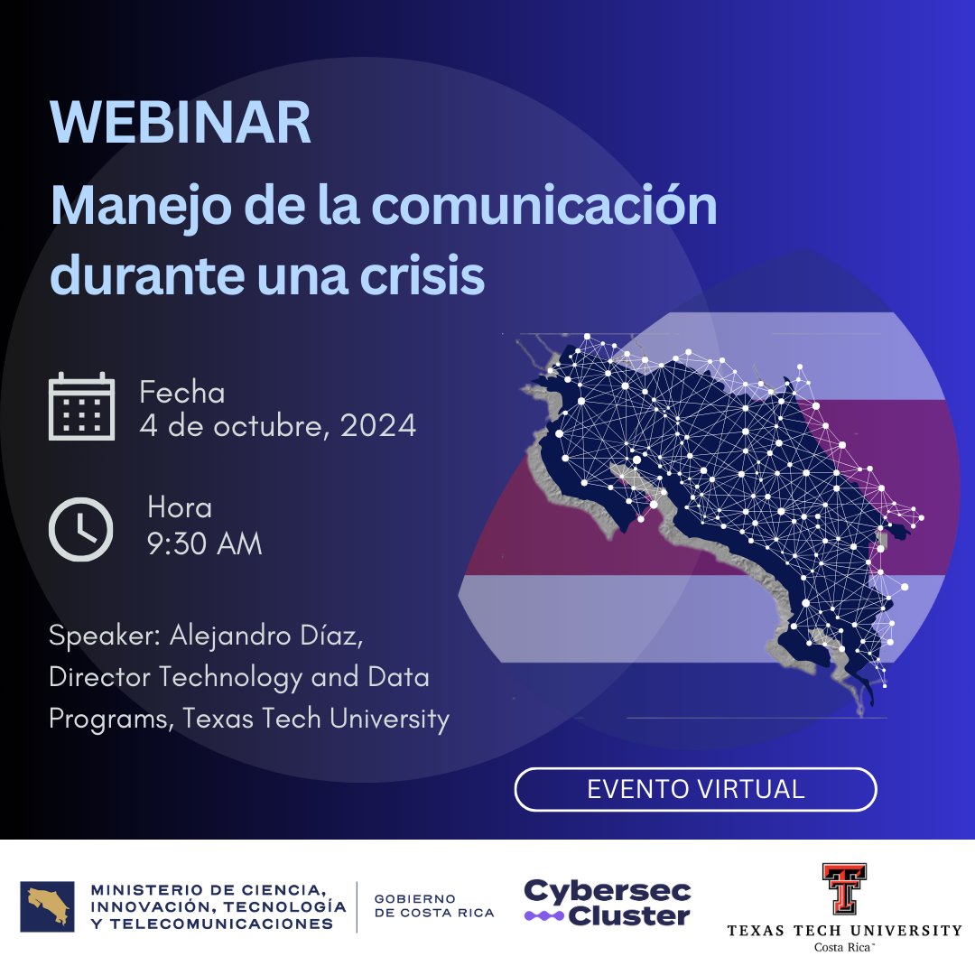 Únete a nosotros y aprende a gestionar la comunicación de manera efectiva en momentos críticos. ¡Aprovecha la oportunidad de obtener insights valiosos de un experto en el tema!  

🔗 [Inscríbete aquí] shorturl.at/8Qvoj  

¡Te esperamos! 📈✨ <a href="/manager_cluster/">Cybersec Cluster</a> <a href="/micittcr/">MICITT</a>