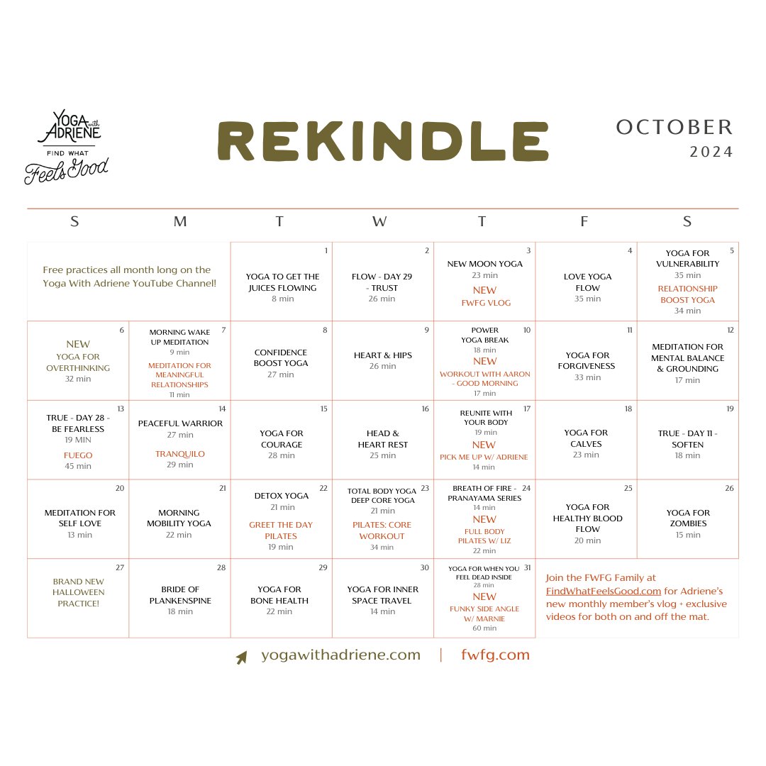 yogawithadriene's tweet photo. Your Oct yoga calendar is all about tending to the little fires that make up your own exuberant life. Together, we’ll illuminate the practices that inspire our devotion. Practice with me as we flow through revitalizing practices—and even some spooky fun!🎃
https://t.co/GNWl0agx3E https://t.co/6lS5a9B3Is